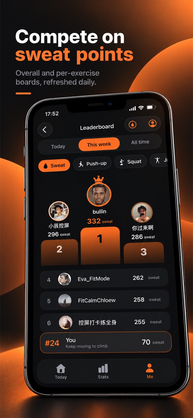 Leaderboard screen ranking players by sweat points