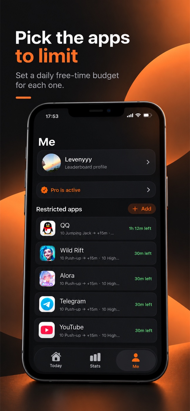 Profile screen listing the apps under a daily limit