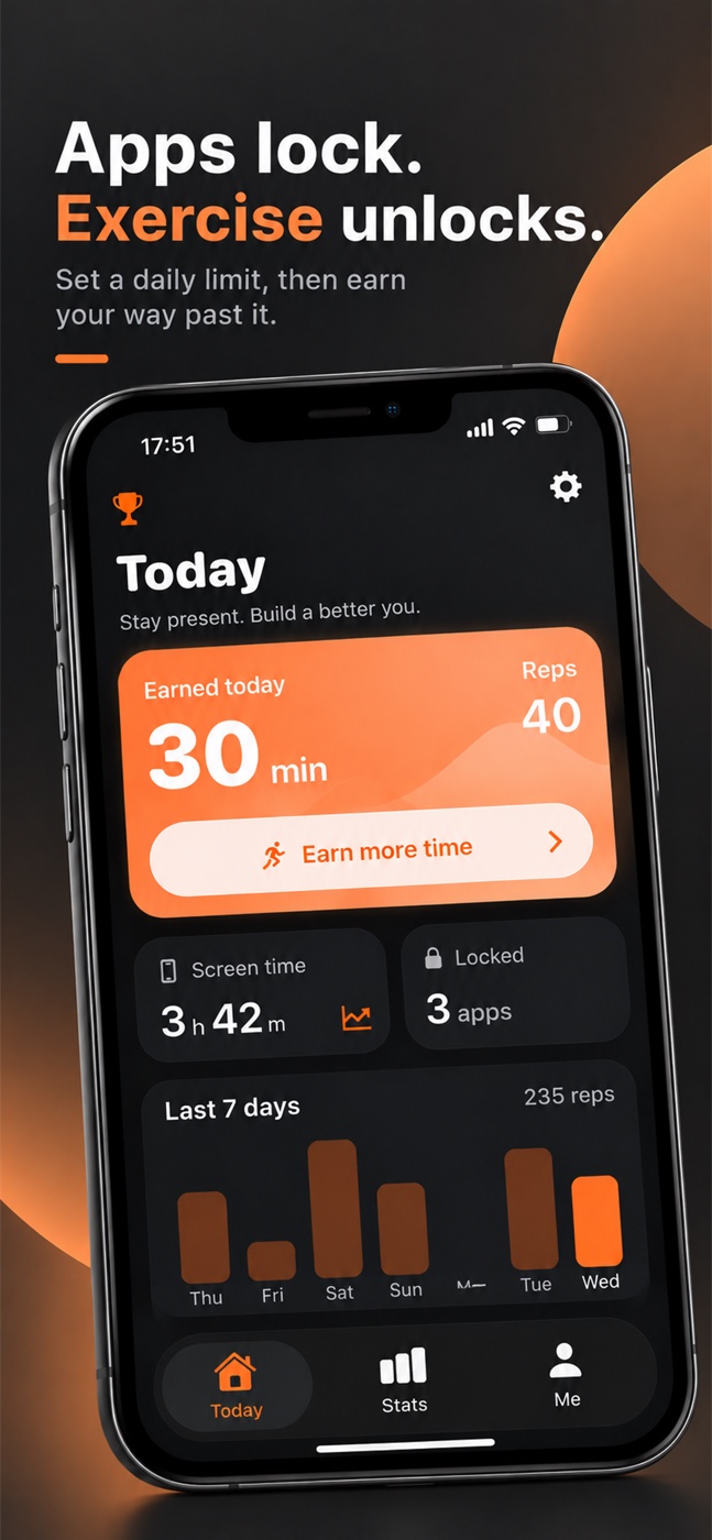 Today screen with minutes earned, locked apps and a weekly bar chart